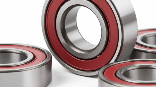 Close-up of metal bearings with red inner races on a white background
